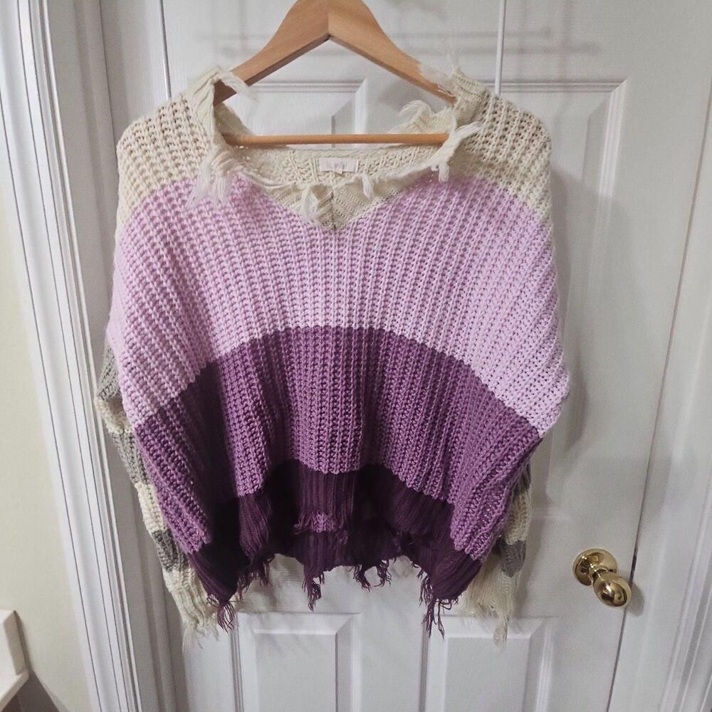 La Miel Color Block Long Sleeve Sweater Size S/M Lavender White Gray Fringe